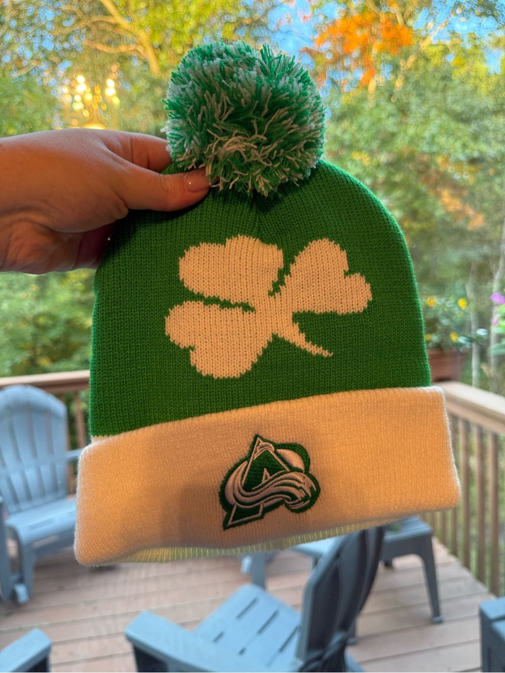 Colorado Avalanche Green Shamrock Pom Beanie with White Cuff